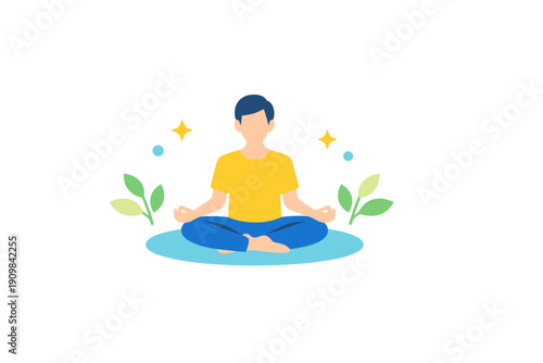 A flat vector illustration of a man meditating in a lotus position on a blue mat. The character is surrounded by green plants and yellow stars against a dark black background.