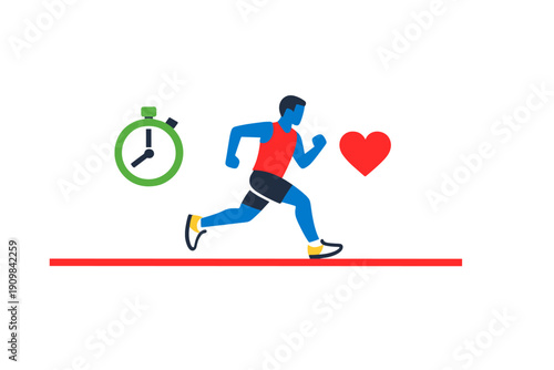 A flat illustration of a man with blue skin running on a red line. The image includes a green stopwatch icon and a red heart icon against a black background, symbolizing fitness and health.