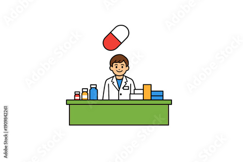 A flat illustration of a smiling male pharmacist in a white lab coat standing behind a green counter with medicine bottles and a large red and white capsule floating above him.