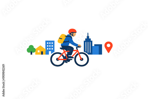 A flat vector illustration of a person wearing a red helmet and yellow backpack riding a red bicycle through a stylized city with blue buildings and a red location pin.