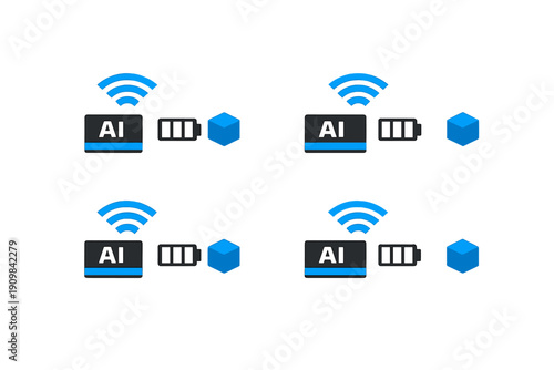 A grid of four identical icon sets featuring a black box with AI text, a blue wireless signal, a battery icon, and a blue cube, all set against a solid black background.