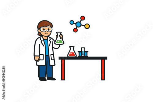 A cartoon illustration of a female scientist wearing goggles and a lab coat, holding a flask with green liquid next to a laboratory table with chemical equipment and a molecular model.