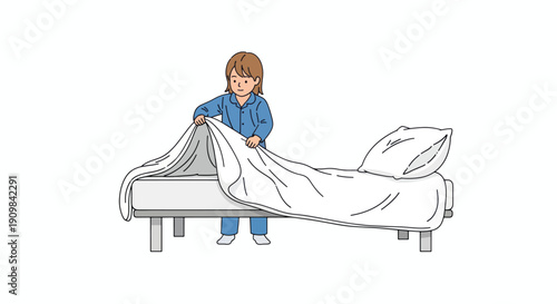 Woman Making Hospital Bed with Clean Sheets.
