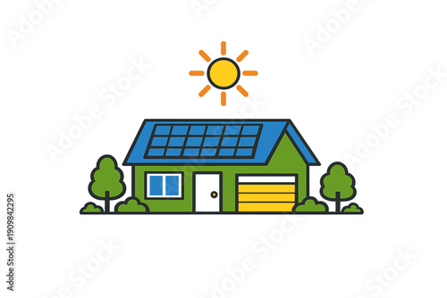 A flat illustration of a green house with solar panels on its blue roof under a bright sun. The scene includes green trees and bushes on a black background, representing clean energy.