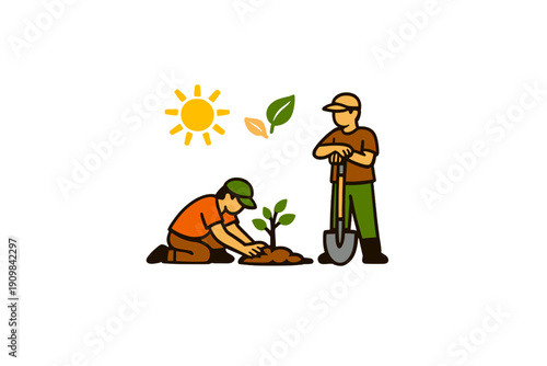 An illustration of two individuals planting a small tree outdoors. One person kneels to tend the soil while the other stands with a shovel under a yellow sun on a black background.