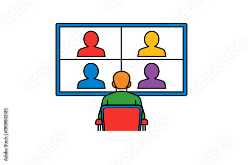 A person in a green shirt sits before a screen showing a video call with four colorful avatars. This flat illustration depicts remote work and digital communication.