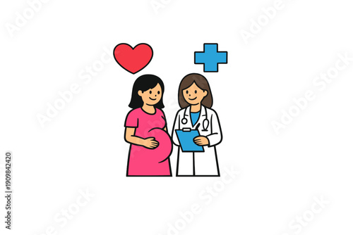 A cartoon illustration of a pregnant woman in a pink dress standing next to a female doctor in a white coat holding a clipboard. A red heart and a blue medical cross are above them.