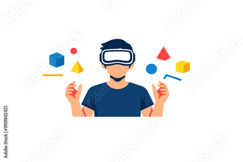 This flat vector illustration depicts a young man wearing a VR headset, surrounded by various colorful 3D geometric shapes such as cubes and pyramids in a virtual space.