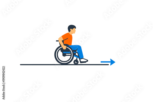 A flat illustration of a man in an orange shirt and blue pants sitting in a wheelchair, moving forward along a horizontal line indicated by a blue arrow on a dark background.