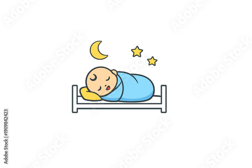 A cartoon illustration of a baby sleeping peacefully in a bed, swaddled in a blue blanket under a yellow crescent moon and stars against a black background.