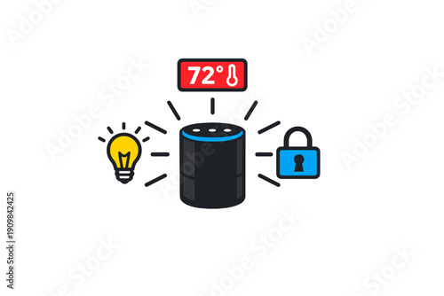 A flat vector illustration of a black smart speaker surrounded by icons for home automation, including a light bulb, a temperature display, and a blue padlock on a black background.