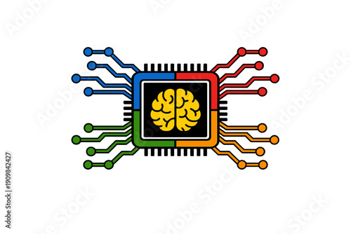 A stylized graphic of a computer processor chip featuring a yellow human brain icon at its center. Colorful circuit lines extend from the four quadrants against a solid black background.