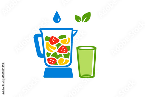 A blue blender filled with strawberries, bananas, and green leaves sits next to a glass of green juice. A water drop and leaves float above the appliance in this flat illustration.