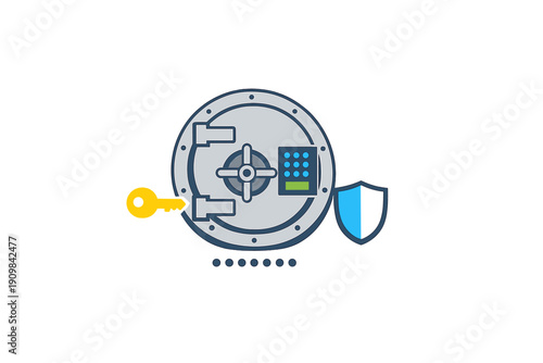 This illustration features a circular steel vault door with a digital keypad, a golden key, and a blue shield, representing security and protection on a dark background.