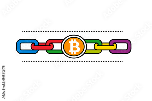 This graphic illustration features a multi-colored chain linked to a central orange bitcoin icon, set against a dark textured background representing blockchain technology.