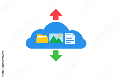 A flat graphic illustration of a blue cloud containing a folder, an image, and a document icon, with a red upward arrow and a green downward arrow on a black background.