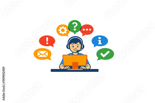 A flat illustration of a customer support representative wearing a headset and working at a computer, surrounded by colorful speech bubbles with various communication icons.