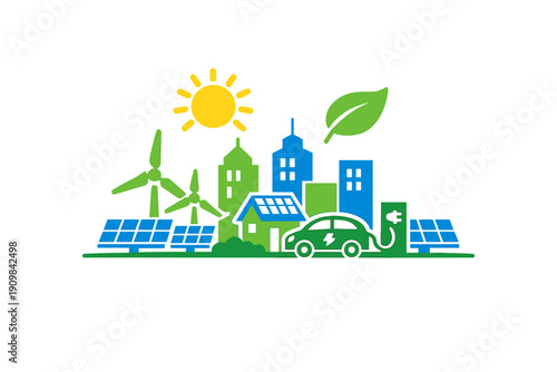 A flat vector illustration of a sustainable city featuring wind turbines, solar panels, an electric car, and green buildings under a bright sun and a green leaf symbol.