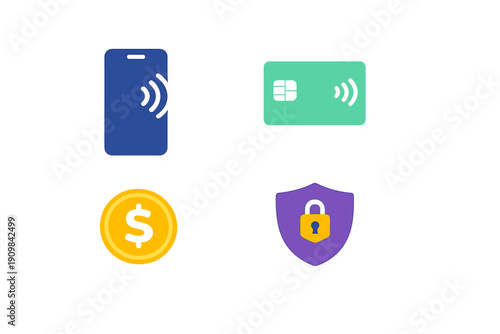A set of four flat vector icons representing digital payment methods and security, including a smartphone, a credit card, a gold dollar coin, and a shield with a padlock on a black background.