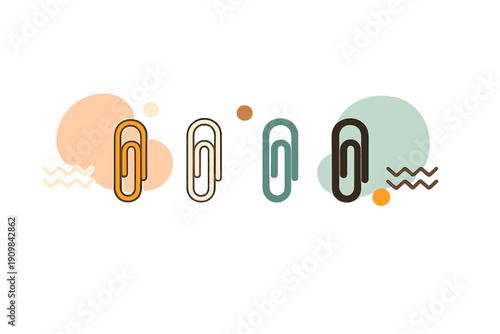 A minimalist graphic illustration features four colorful paperclips set against abstract circles and wavy lines on a black background, representing organization and design.