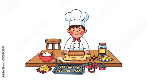 Cartoon Chef Preparing Food in Kitchen.