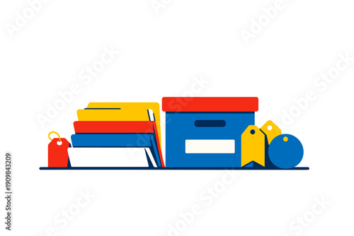 A flat vector illustration of colorful office supplies including folders, a storage box with a lid, and various price tags arranged on a dark shelf against a black background.