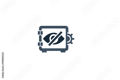A dark blue icon of a secure safe box featuring a crossed-out eye symbol on its door, representing privacy and hidden data protection against a solid black background.