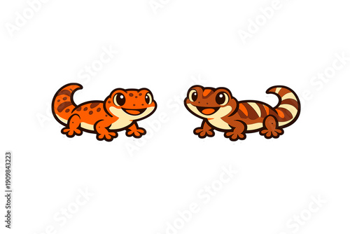 Two cute cartoon gecko stickers with large eyes and friendly smiles are displayed against a solid black background. One lizard is orange with spots, while the other is brown with stripes.