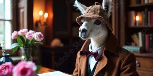 A dressed-up llama sits at a table in a library, surrounded by books and flowers. Use: children's book illustration, holiday card design.