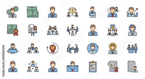 Business and finance icons depicting growth success and transactions