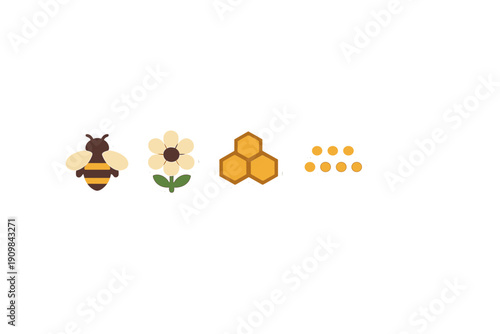 This collection of four illustrated stickers includes a striped honey bee, a simple white flower, a golden honeycomb, and orange pollen dots, set against a black backdrop.