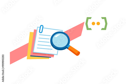 A flat vector illustration showing a stack of colorful documents being examined with a magnifying glass, next to a code bracket symbol on a dark background.