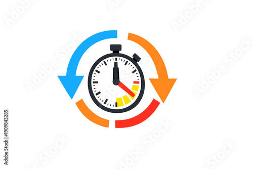 A 3D illustration of a stopwatch with a white face and red hand, surrounded by colorful circular arrows against a black background, representing time management and efficiency.
