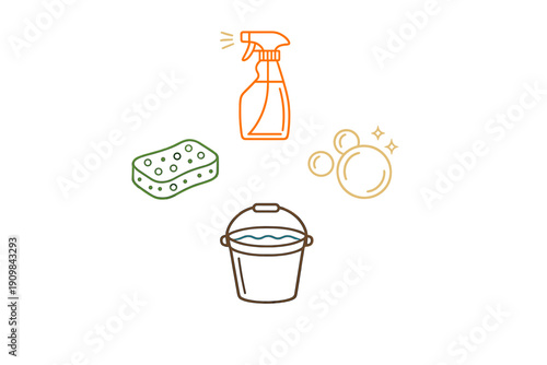 A collection of four colorful cleaning icons including a spray bottle, a sponge, a bucket filled with water, and soap bubbles with sparkles, all set against a solid black background.