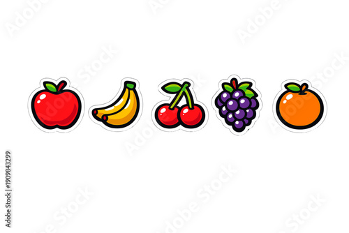 A row of five colorful fruit stickers including a red apple, yellow bananas, red cherries, purple grapes, and an orange, all set against a solid black background.