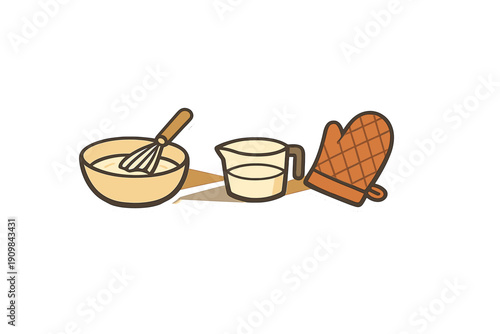 A cartoon illustration featuring a mixing bowl with a whisk, a measuring cup filled with liquid, and a quilted oven mitt, all presented as stickers against a black background.