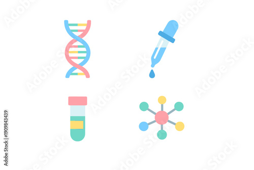 A set of four flat vector icons includes a DNA strand, a laboratory pipette, a medical test tube, and a molecular model, all presented in bright colors on a solid black backdrop.