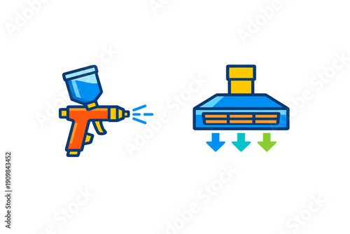 A flat vector illustration featuring an orange paint spray gun and a blue industrial ventilation hood with downward arrows, set against a solid black background.