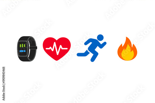 A row of four fitness icons including a black smartwatch, a red heart with a pulse line, a blue running person, and an orange flame, all set against a solid black background.