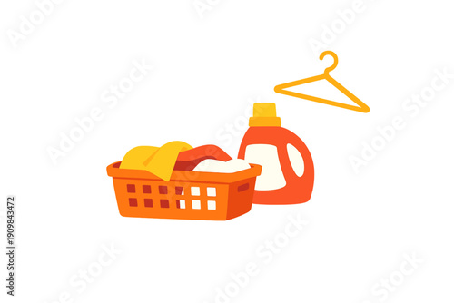 A flat illustration of an orange laundry basket filled with colorful clothes next to a detergent bottle and a yellow hanger, isolated on a black background.