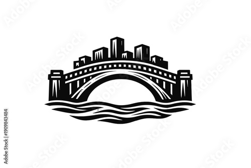 This minimalist black and white vector illustration depicts a bridge crossing over flowing water with a modern city skyline and tall buildings visible in the distance.