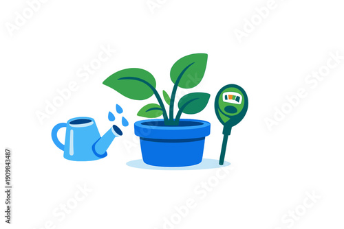 A flat vector illustration of a green leafy plant in a blue pot, accompanied by a light blue watering can and a green soil moisture meter on a dark background.