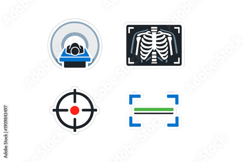A set of four medical diagnostic icons featuring an MRI scanner with a patient, a chest x-ray, a crosshair target, and a scanning frame on a solid black background.