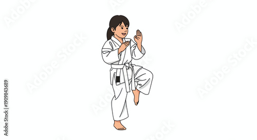 Woman Practicing Karate Kick with White Uniform.