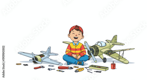 Young Boy Playing with Model Airplanes.