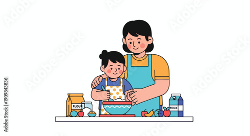 Mother and Daughter Baking Together in Kitchen.