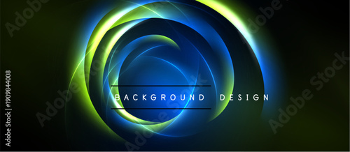 Abstract concentric circles, vibrant blue, green hues. Dark background emphasizes glowing lines, modern design element. Text reads background design.