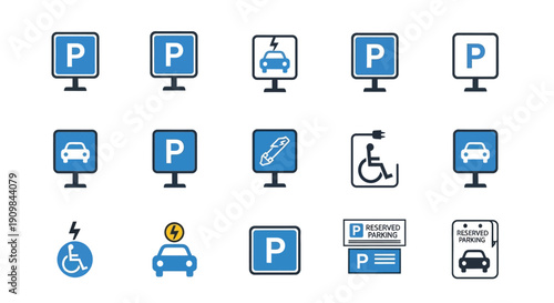 Collection of black and white parking symbols and signs
