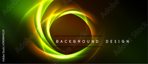 Abstract design features vibrant glowing swirls. Green, yellow, orange hues blend into dark background. Text reads background design.