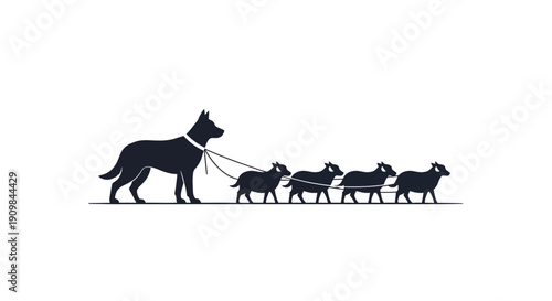 A black silhouette of a dog leading a line of five sheep on a white background, illustrating herding or leadership.